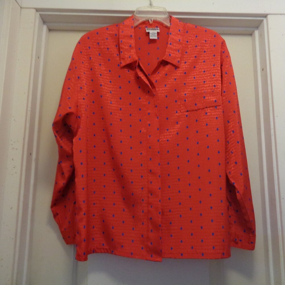 VINTAGE HOT OFFICE SIREN RED W BLUE DOTS SHINEY BLOUSE BY KORET CAREER 16